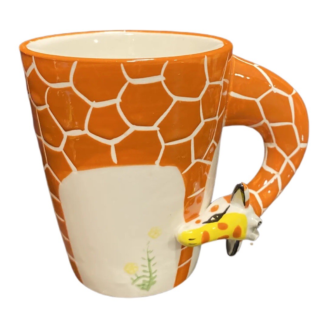 Hand Painted 3D Giraffe Handle Ceramic Coffee Mug Animal Orange Print Tea Cup