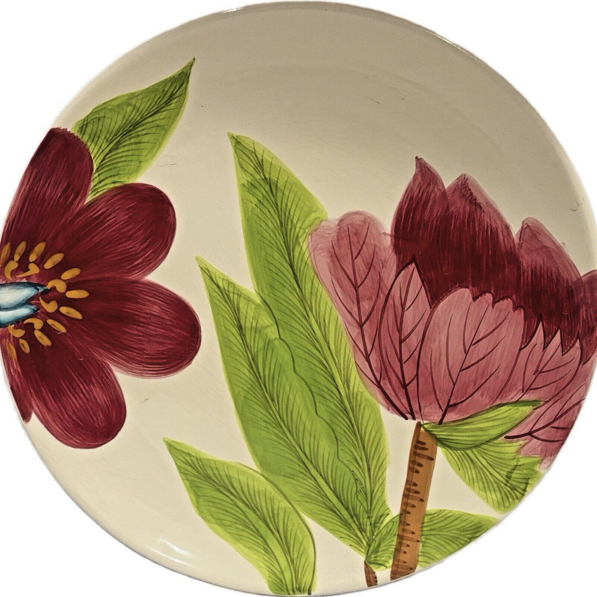 BARREVELD Serving Platter Botanical Red  Floral Ceramic Dessert Dish 13" D