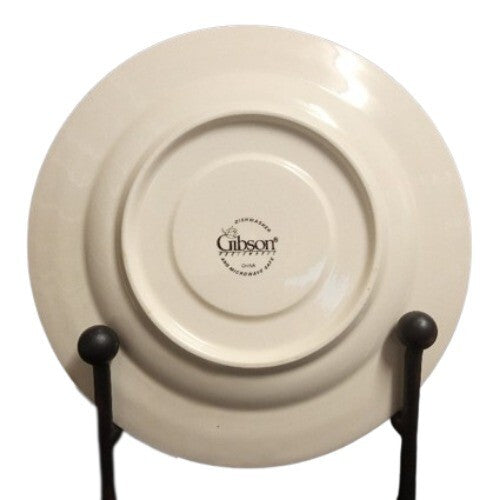 Gibson Designs ORCHARD Saucer 6 ½” D Green Trim Fruit On Rim Cream Background
