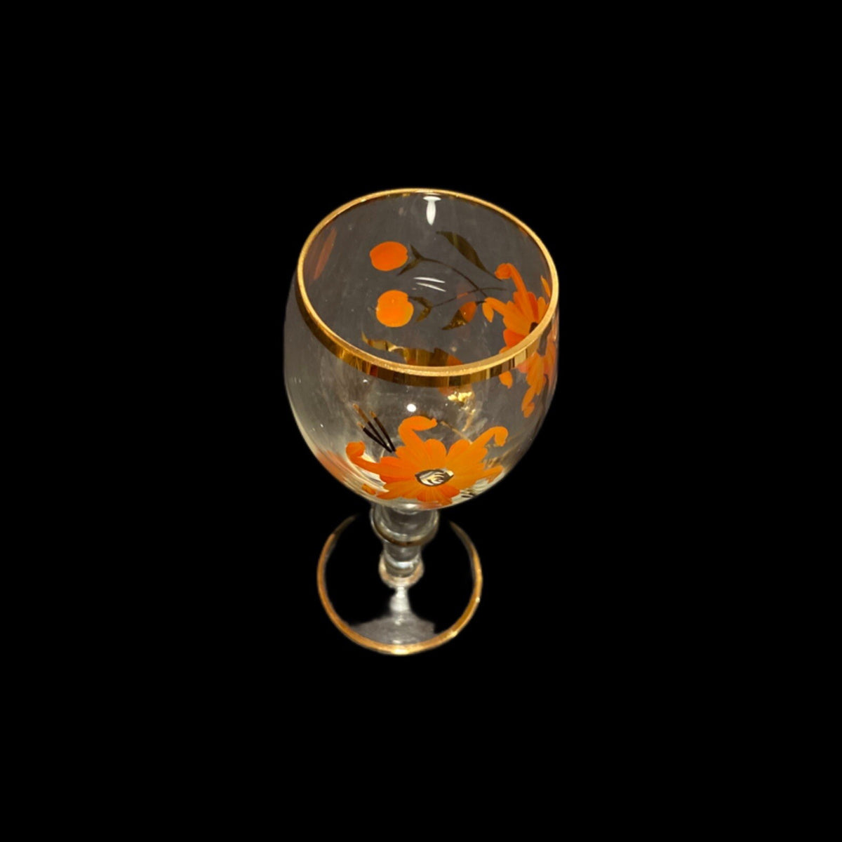 Vtg. Bohemian Romanian Handpainted 3 Floral Gold Trim Clear Cocktail Juice Glass