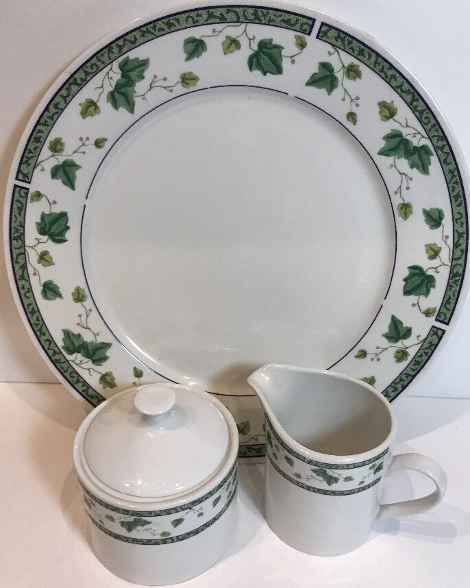 Sango IVY CHARM Chop Plate, Creamer, Sugar Bowl & Lid Service Set 8854 Oven Safe