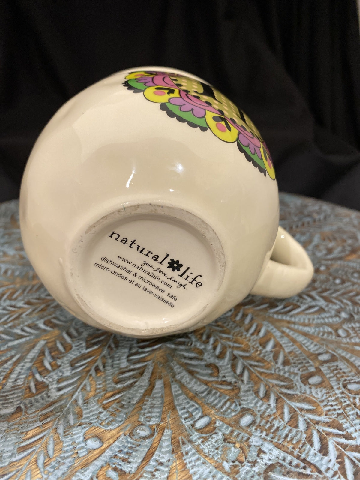 Natural Life “M” Monogram Ceramic Mug Cup – Live Love Laugh, Boho Floral Gift