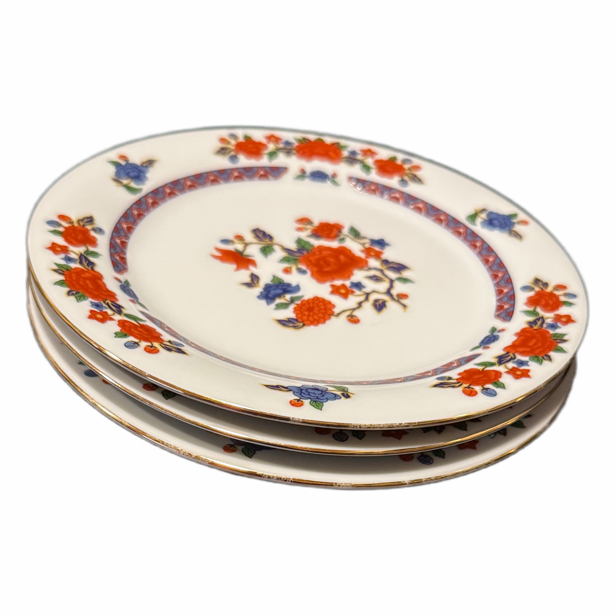 3 CROWN MING OLD IMARI Salad Plates 7.5” Jian Shiang China Faded Gold Trim