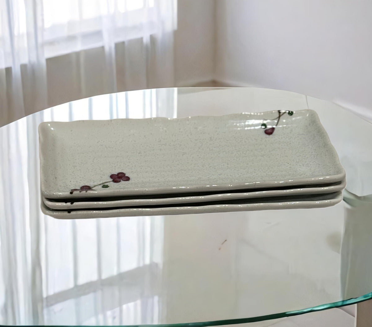 Vintage KoTo 3-Appetizer Plates Red Flower Blossom Ceramic Japan Rectangle Tray