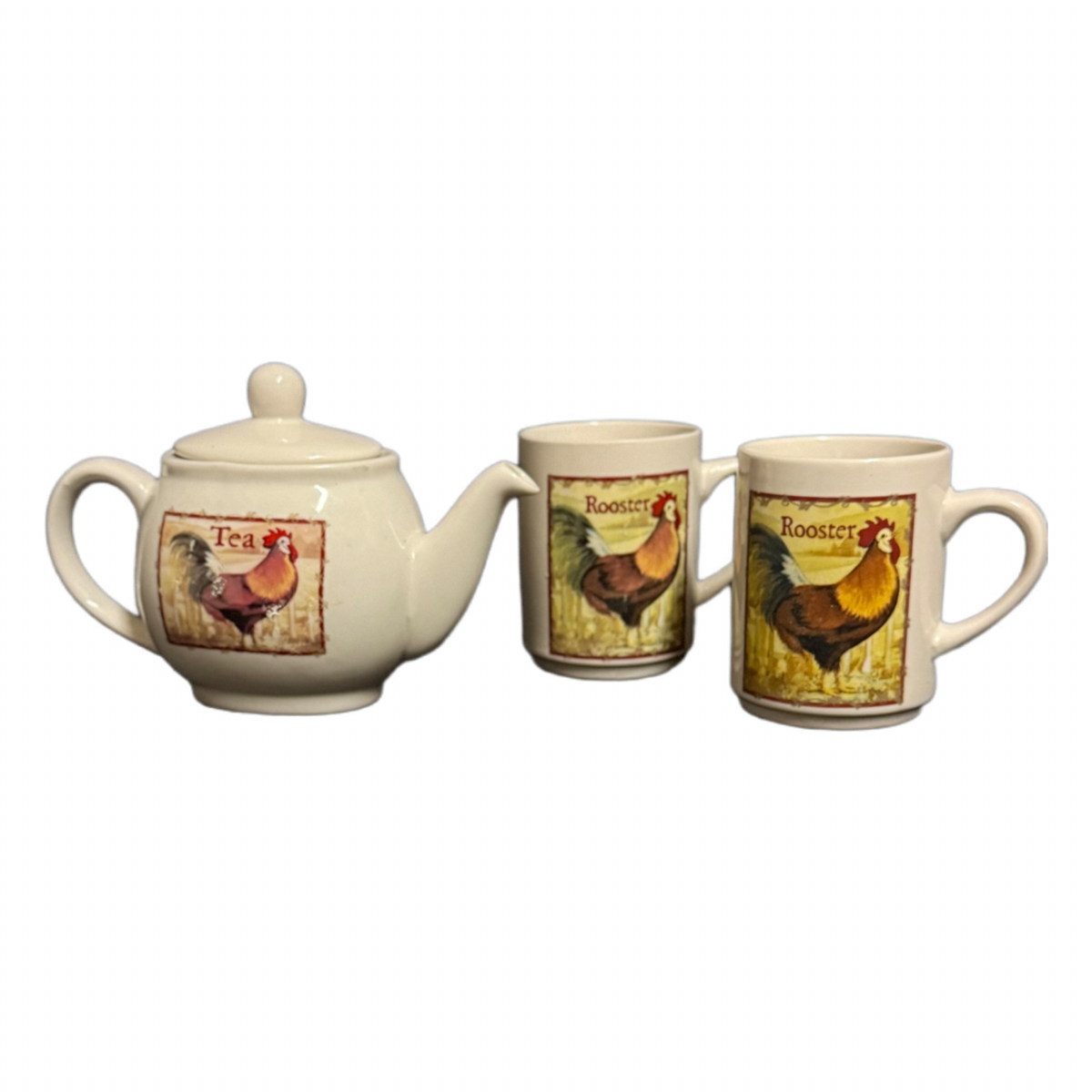 Bay Island Rooster Teapot & 2 Mugs Set Ceramic Farmhouse Chicken Theme