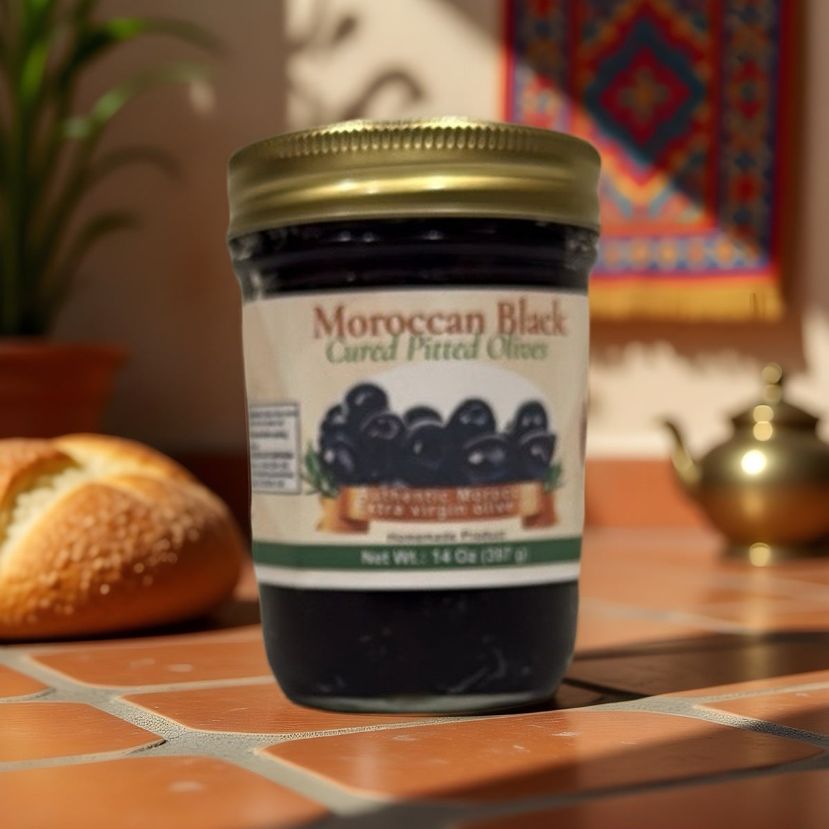 Moroccan Sun Cured Black Olives (No Pits) in Extra Virgin Olive Oil 8 Oz