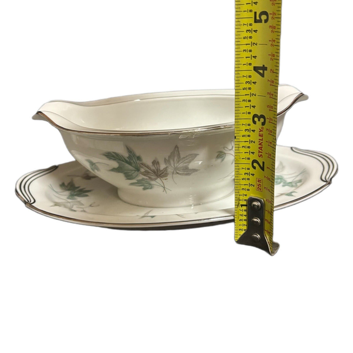 Noritake Greenwood Gravy Boat Condiment Dish Leaves Silver Trim Japan 5769