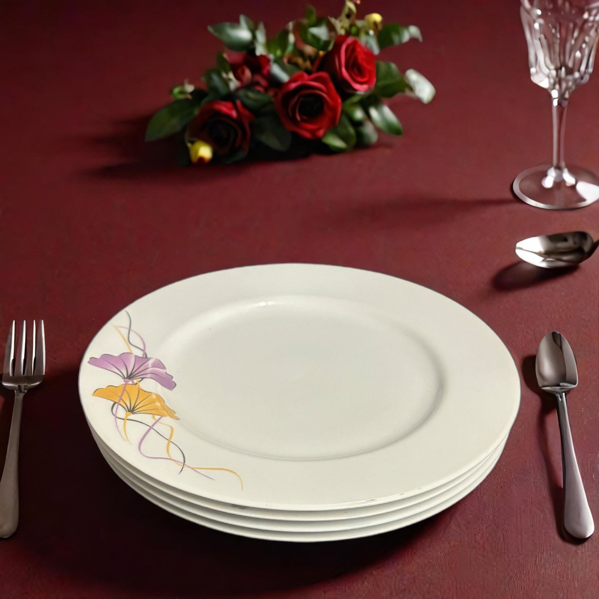 SHINEPUKUR 4- Dinner Plates Bangladesh Art Deco Fine Bone China White Dinnerware