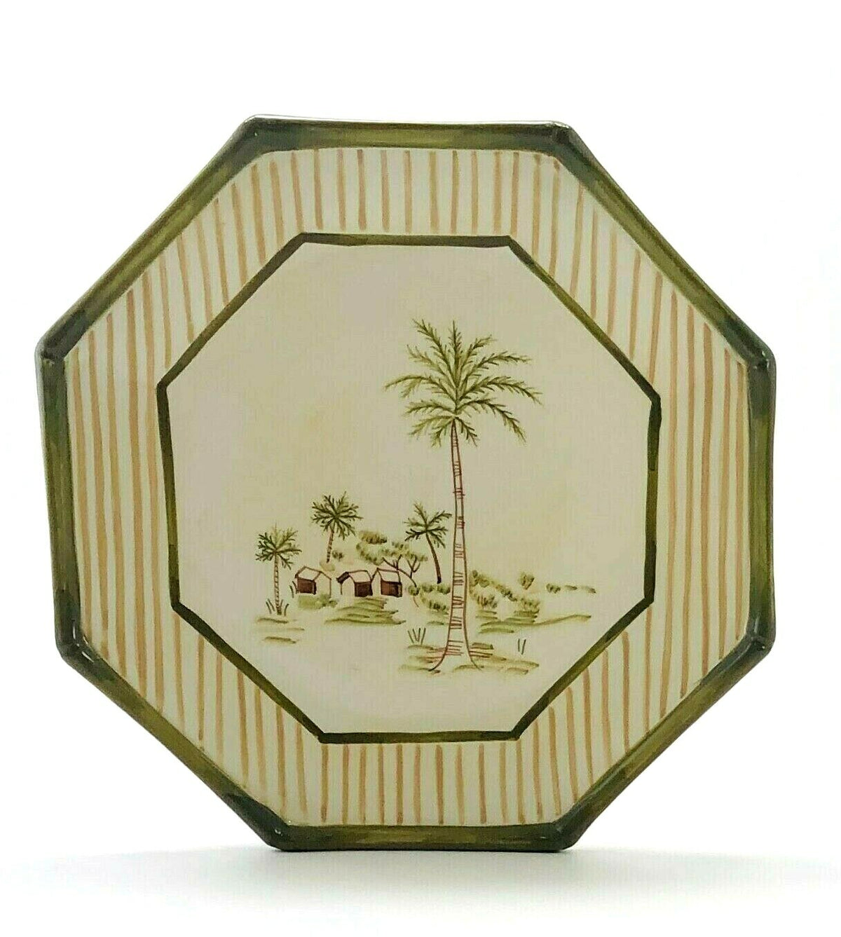 Waverly TAHITI Luncheon Plate Hand Painted Octagonal Palm Trees Stripes 9”D Dish