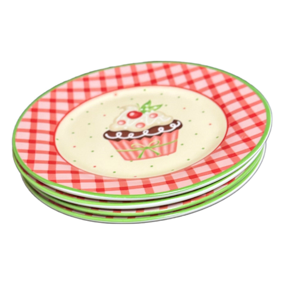 TRISA 4-Dessert Plates Sweets Birthday Cupcake Party Plate Checkered Border 8”D