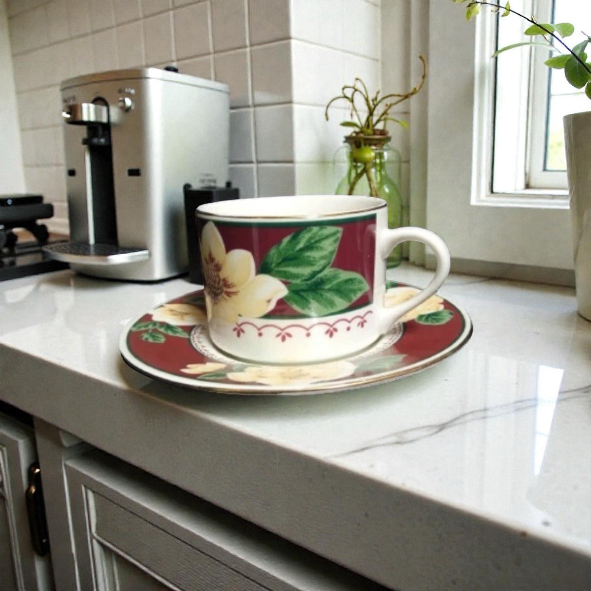 Gibson Designs Magnolia Bloom • Set of 4 Cups & Saucers • Floral Ceramic