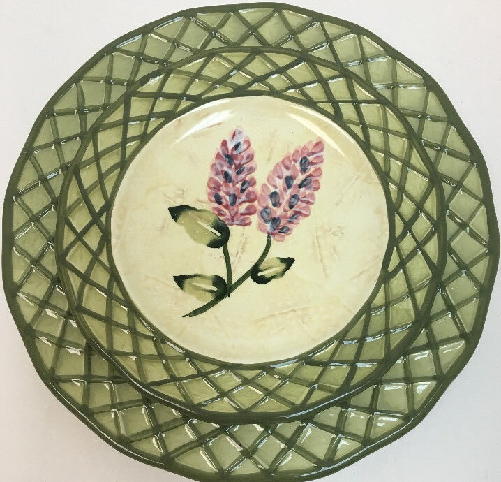 Lynns Earthenware 14 Piece EMMA'S GARDEN Green Lattice Dinner Salad Cup Saucer