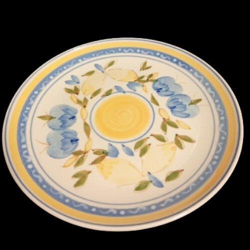 Gibson Designs CONCORDIA Dinner Plate 10 1/8" Blue Yellow Bands & Fruits