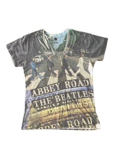 T-Shirt Abbey Road The Beatles L  Woman Gray White Yellow Tee V Neck Top