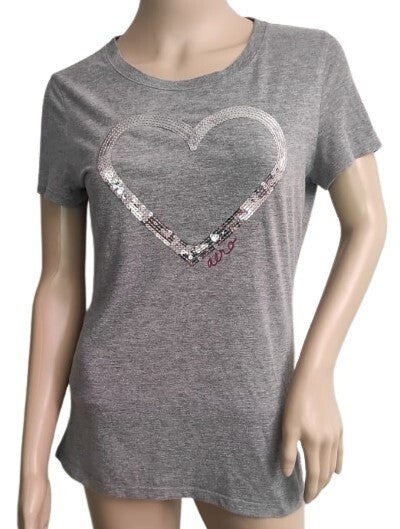 Aeropostale T-Shirt Heart Embellished Sequins L Gray Short Sleeves Crew Neck Top