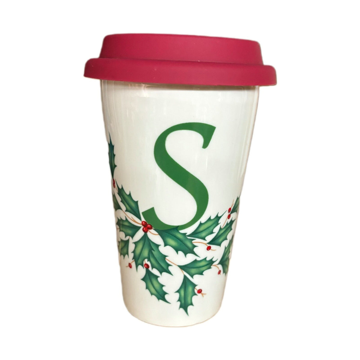 Lenox Holiday Mug Monogram S Ceramic Travel Coffee Tea Winter Cup Holly Berries
