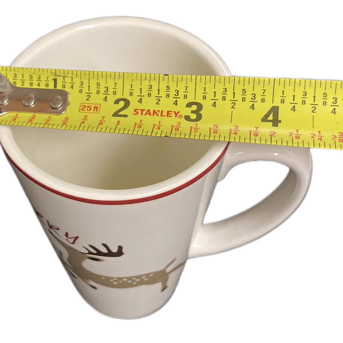 Holiday Home Latte Mug MERRY & BRIGHT Christmas Coffee Tea Reindeer Cup 16 oz.
