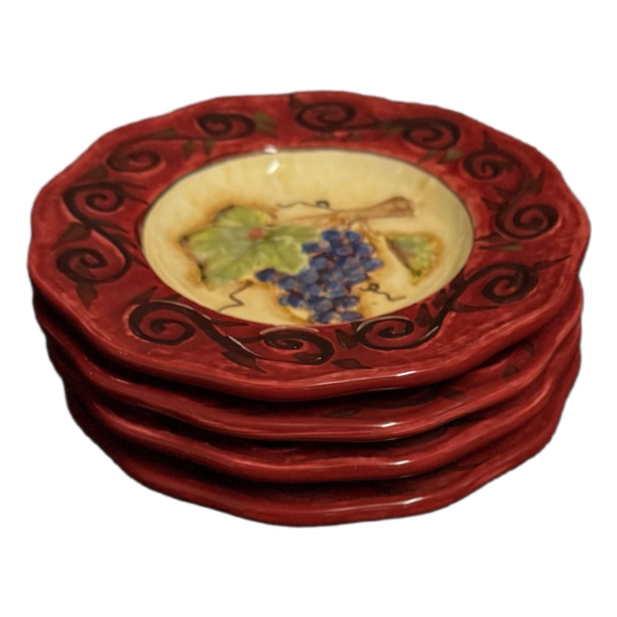 Certified Intl. Kate McRostie Grape Plates Set of 4 Vineyard Red Rim 5.5”