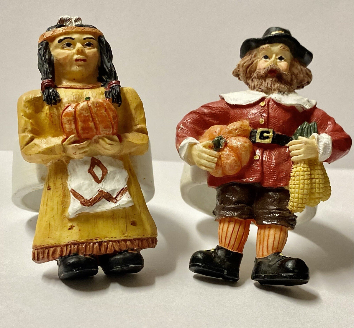 Rare Thanksgiving Ceramic Napkin Holder Pilgrim Pumpkin Harvest Boy Girl