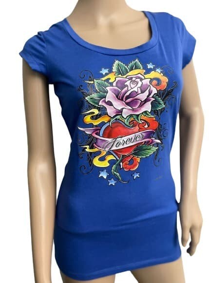 Dots T-Shirt Forever Woman Blue Top Cap Sleeves SM. Floral