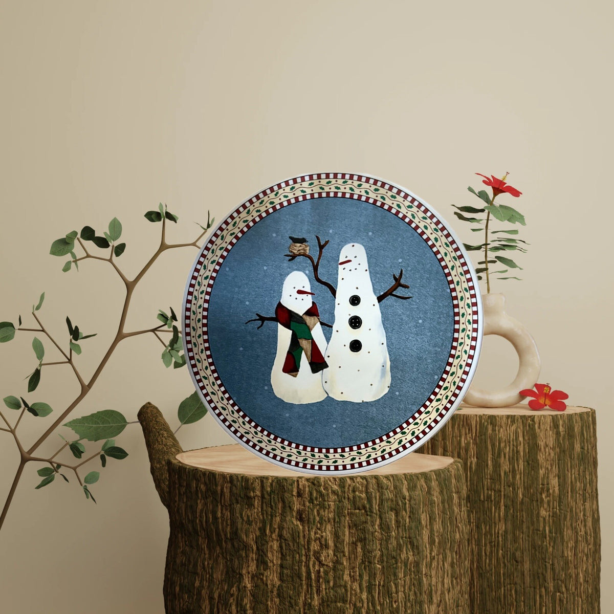DEBBIE MUMM Trivet Sakura Snowman Stoneware Hot Plate Christmas Holiday 9-1/2"D