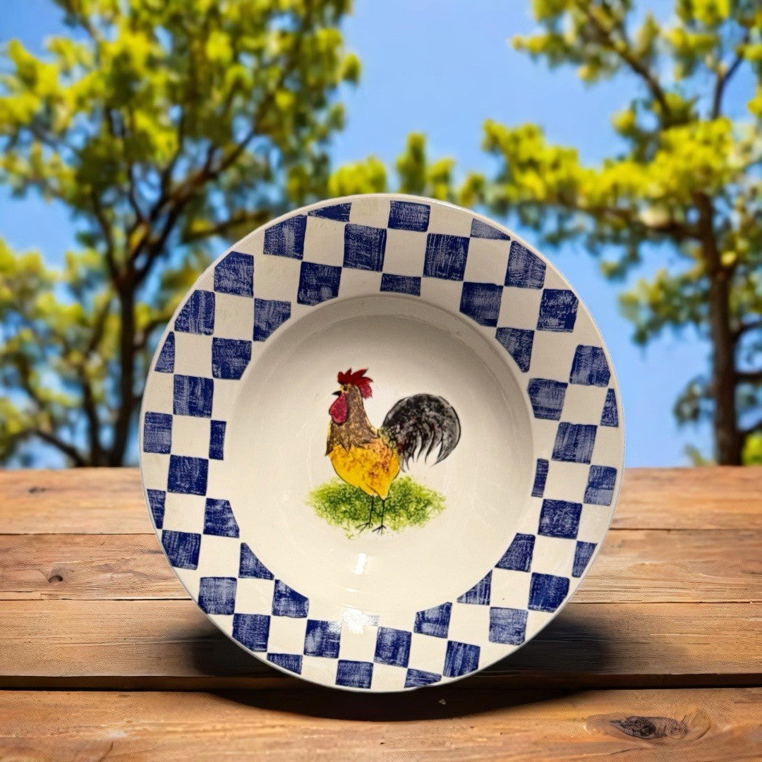 Tabletops Unlimited Countryside Rooster Pasta Serving Bowl 12.5” Blue Check Rim