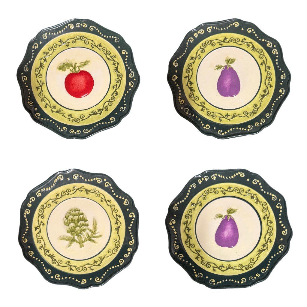 Set Of  4 Market Embossed Vegetable Plates 8”D Tomato Eggplant Artichoke Kitchen