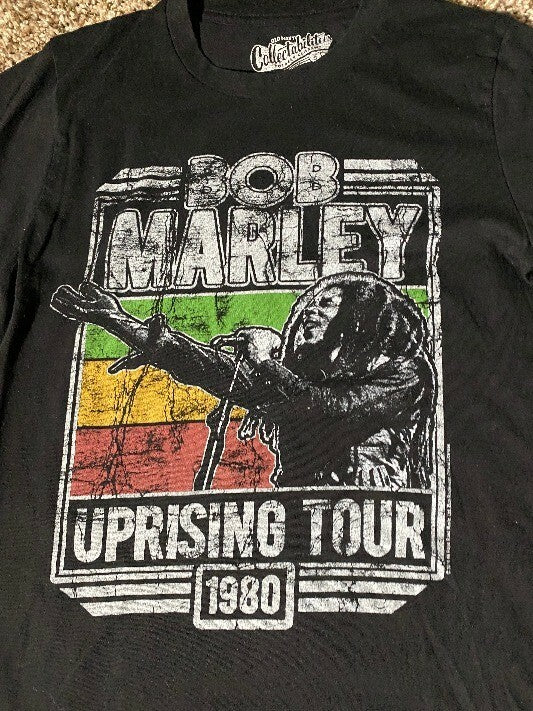 Bob Marley Uprising 1980 Tour Old Navy T-shirt Repro Distressed Black SM.