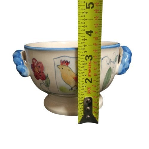 Gibson China COSABELLA Rooster Soup Cereal Bowl Blue Handles 5” Farmhouse