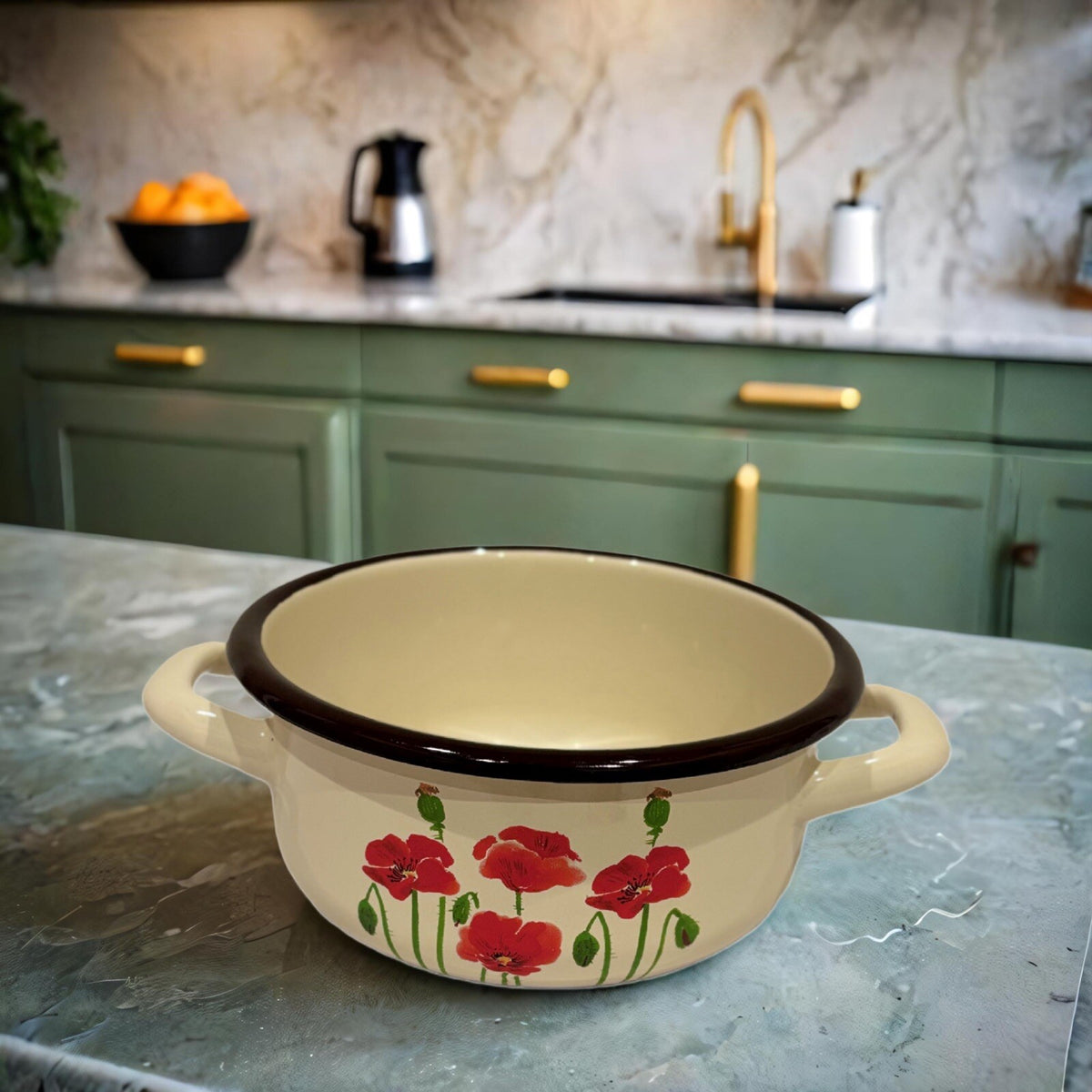 EMALIA OLKUSZ Cooking Pot 1907 Red Floral Cream Enamelware Handles Black Trim