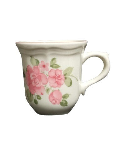 Gibson Designs ROSELAND 6-Cups & 6-Saucers Pink Roses Tan Body Pink Trim Ceramic