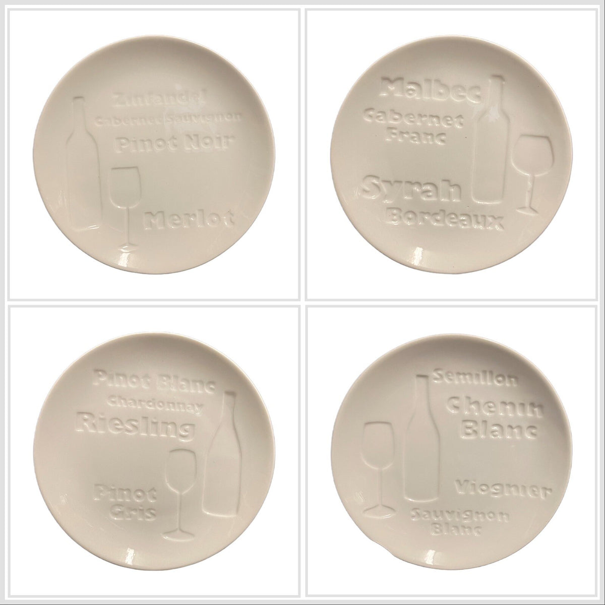 CORDON BLEU 4-Appetizer Plates Wine Themed White BIA Dessert Cheese Dish 6.5" D