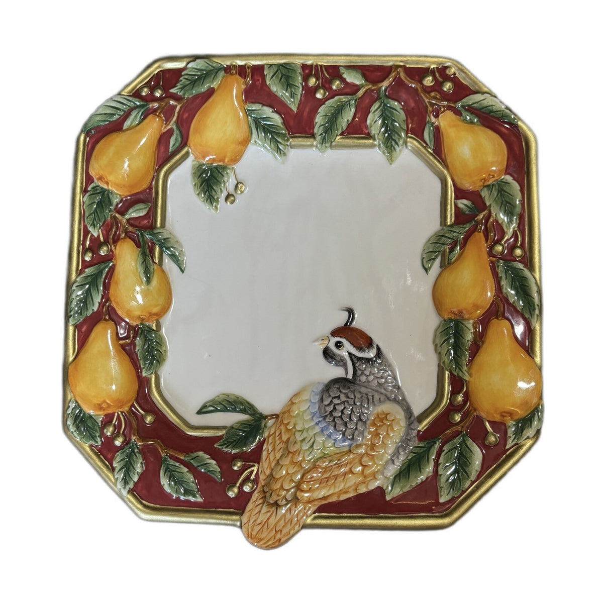 Fitz & Floyd Plate Partridge Bird Pears Canapé Wall Hanging Holiday Embossed Art