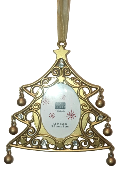 Golden Frame Christmas Tree Shaped Embellished Stones Photo Hanger Star & Balls