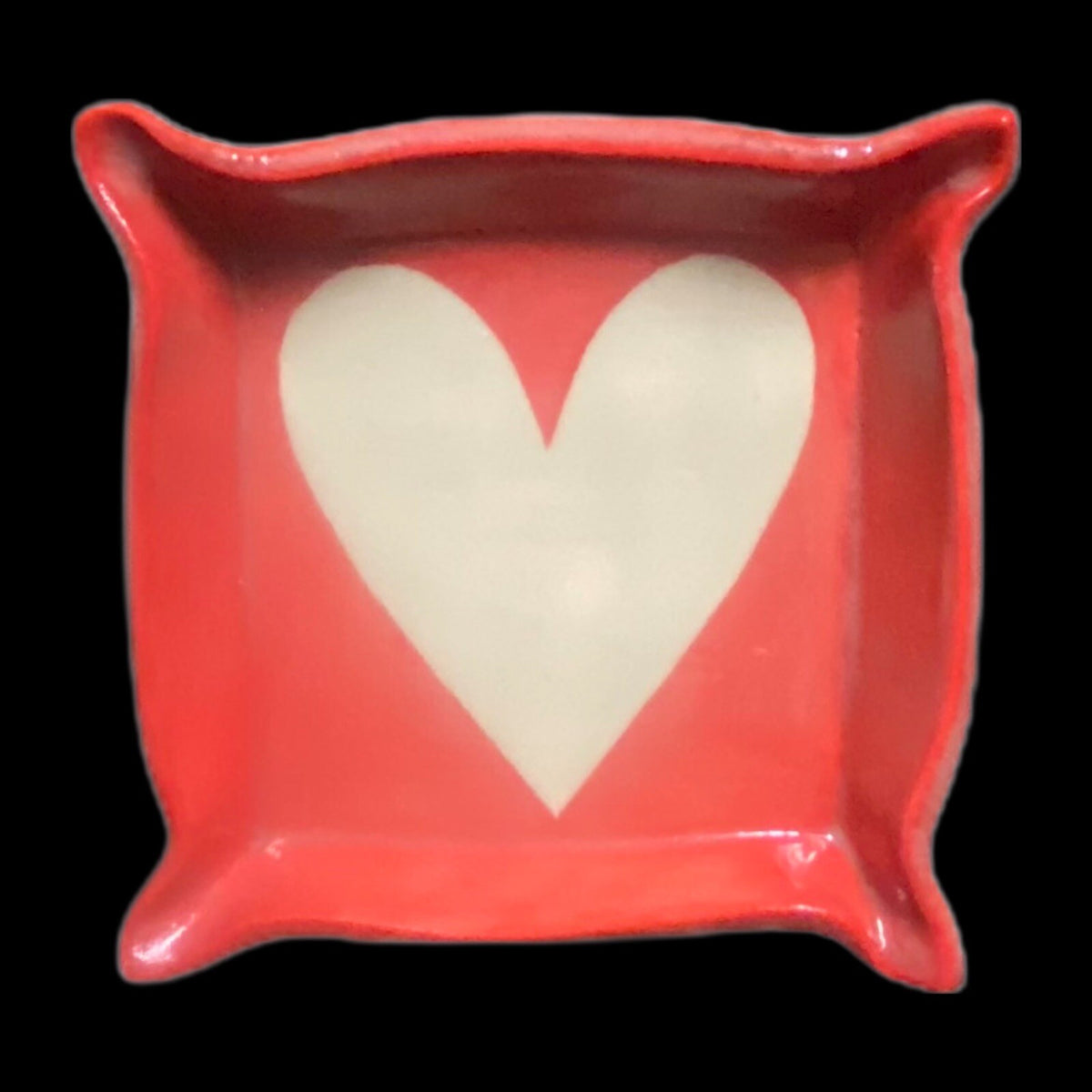 2-Trinket Red Dish White Heart Valentines Square Art Pottery Rings Tray Signed