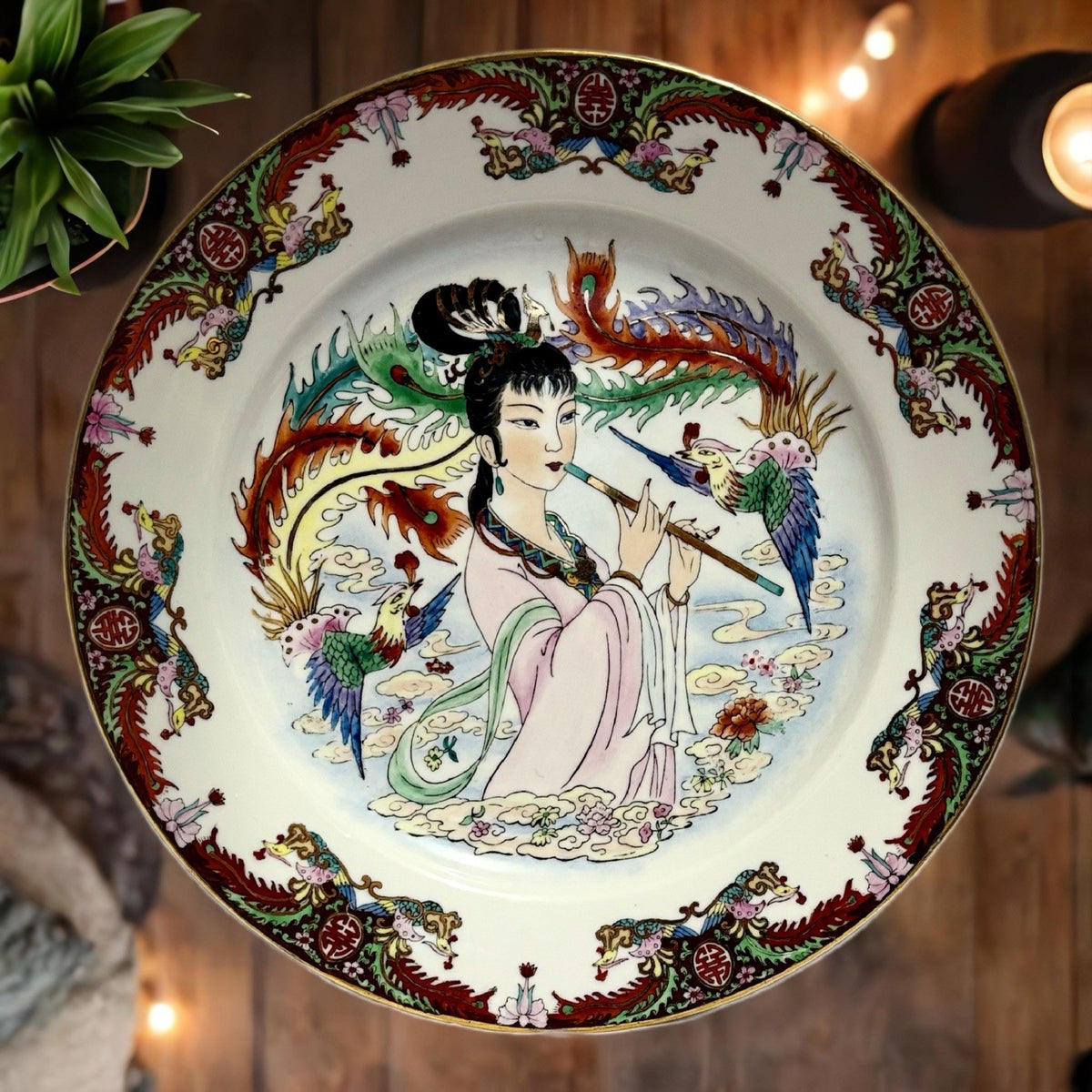 FAMILLE ROSE HandPainted Vintage Plate Porcelain Birds Asian Woman Playing Flute