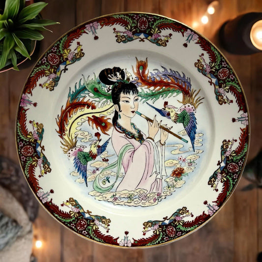 FAMILLE ROSE HandPainted Vintage Plate Porcelain Birds Asian Woman Playing Flute