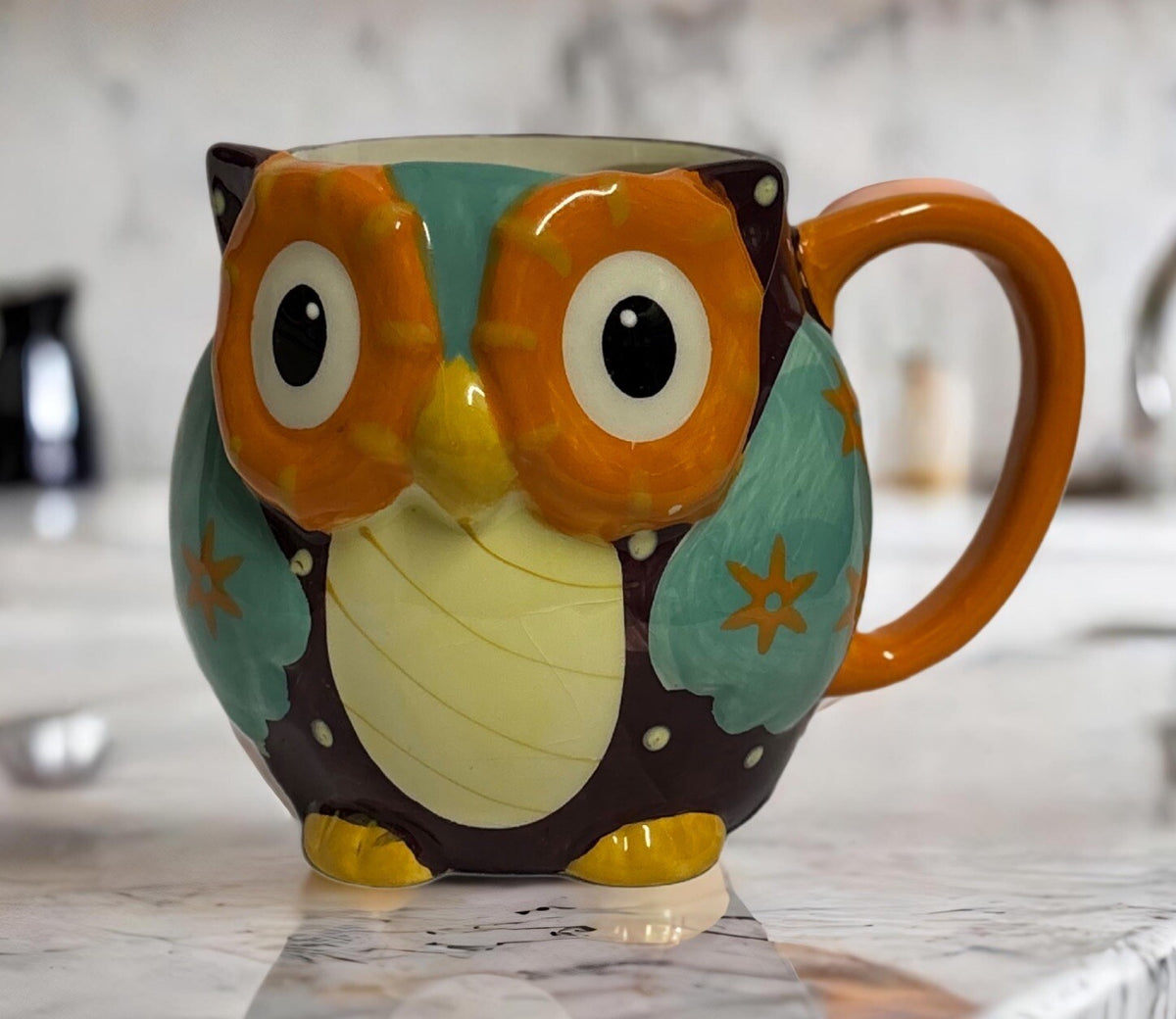 Rustic Barn Owl Mug Ceramic Coffee Tea Cup Orange Handle Black White Dots
