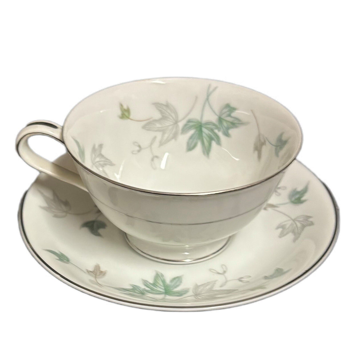 Noritake Greenwood 4-Footed Cups 4 Saucers Tea Set Silver Trim Leaves Japan 5769