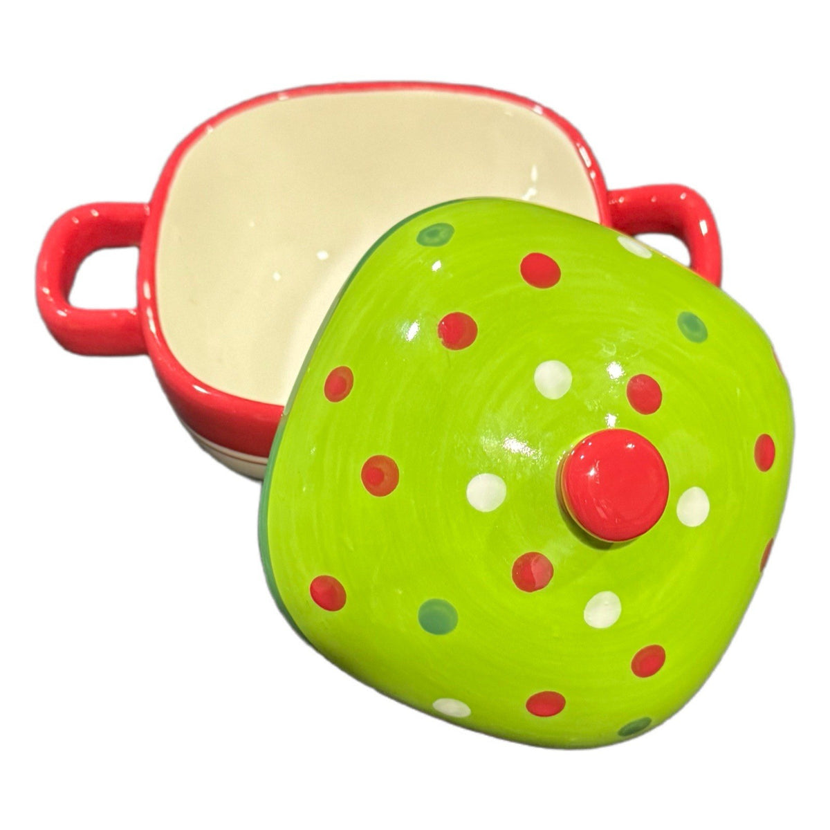 Set of 2 Festive Polka Dot Ceramic Soup Bowls w/ Lids – Handpainted Red Green