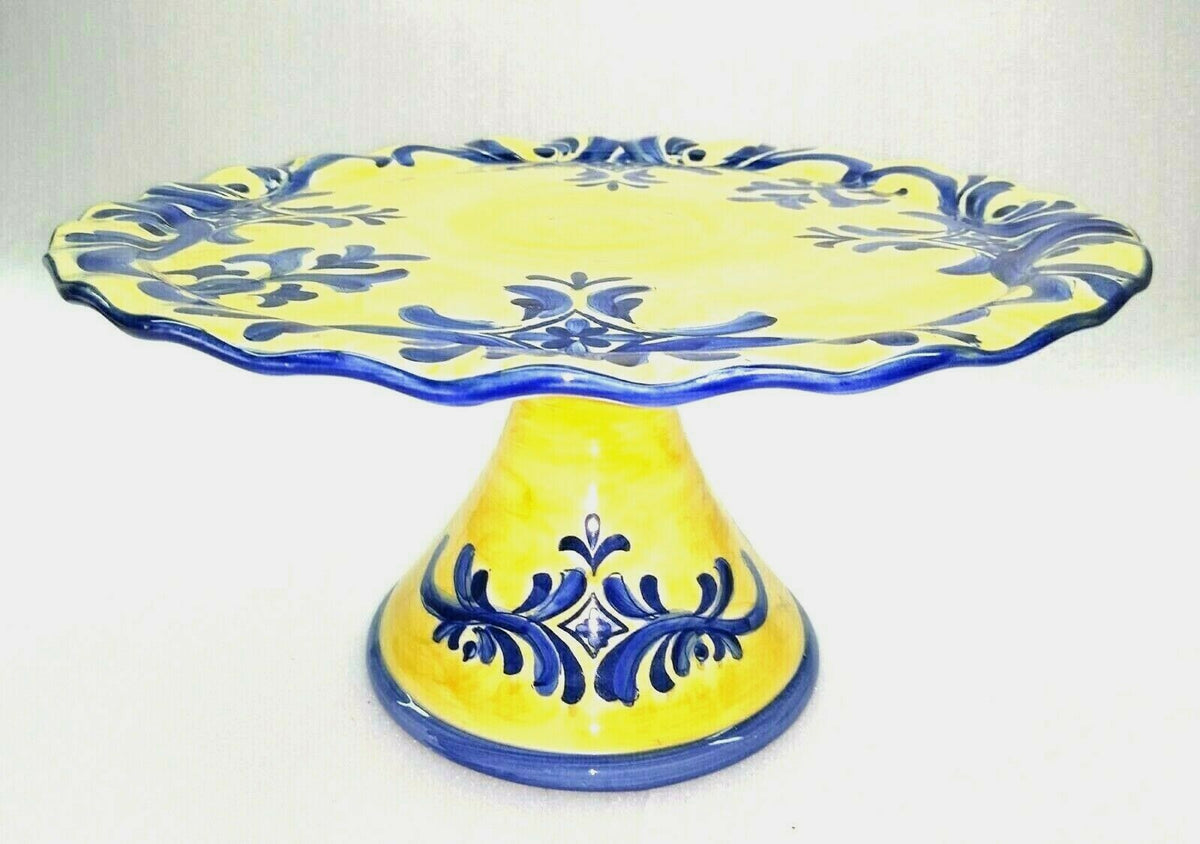 Classic Round Yellow Blue Ceramic Pedestal Cake Cupcakes Scalloped Serving Dish