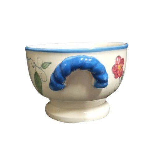 Gibson China COSABELLA Rooster Soup Cereal Bowl Blue Handles 5” Farmhouse