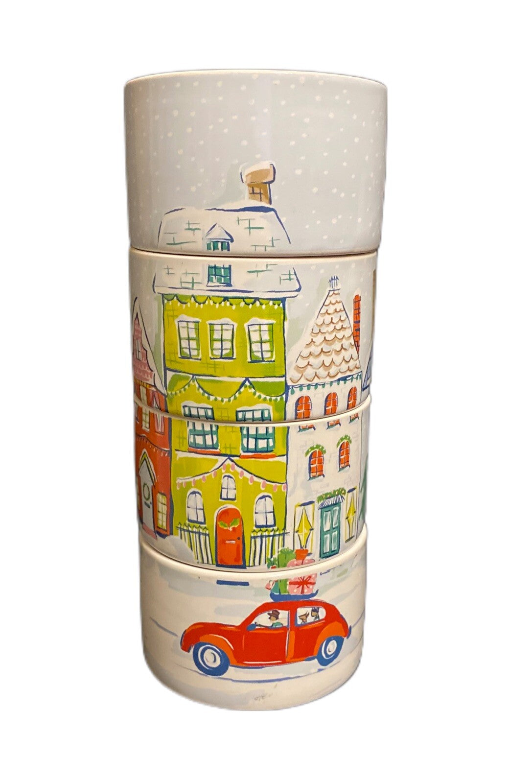 Pier 1 Imports Stackable Mugs Set of 4 Christmas Winter Village Scene w/ Stand