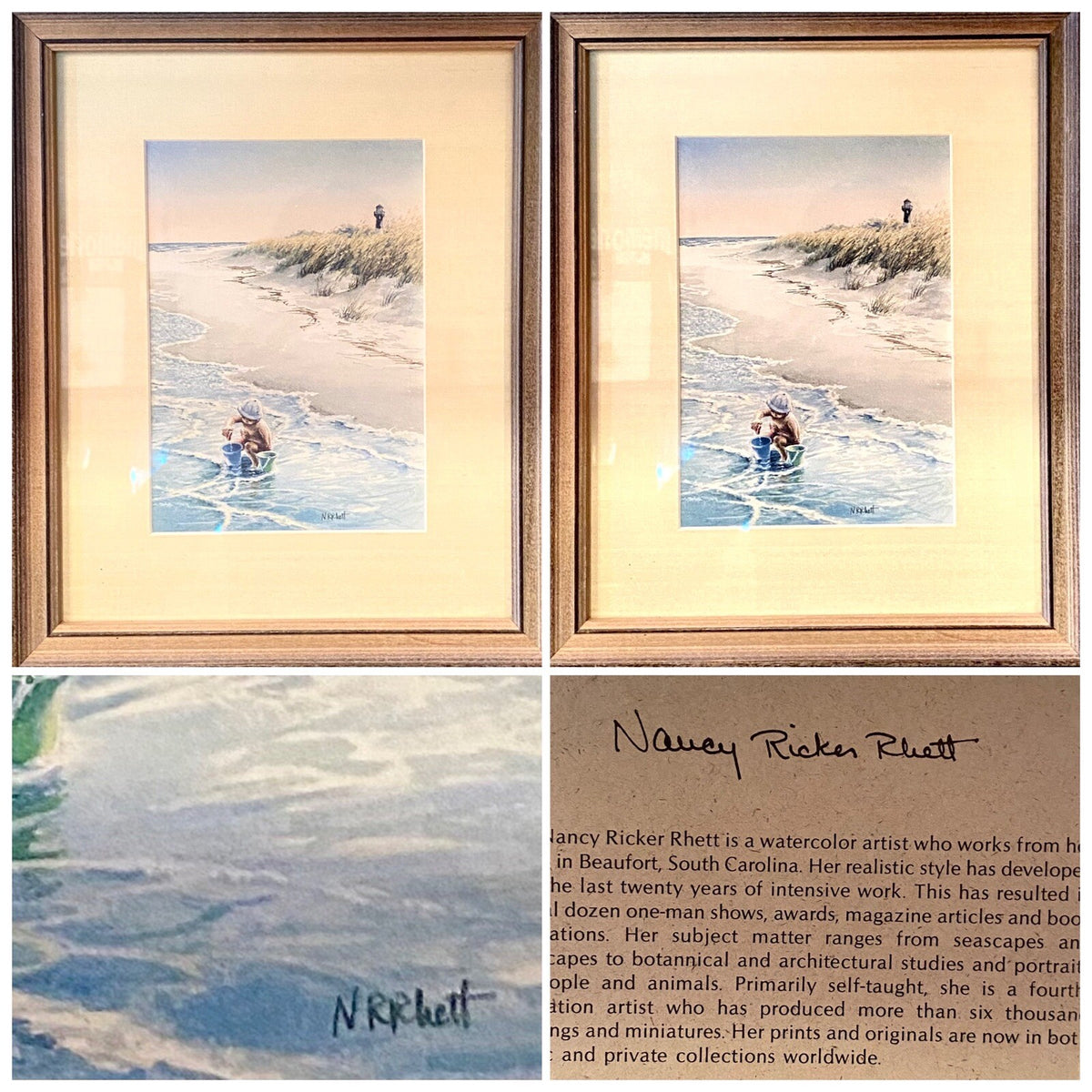 Nancy Ricker Rhett Signed Watercolor Print Child at Beach 11 x 9.5 Inches Framed