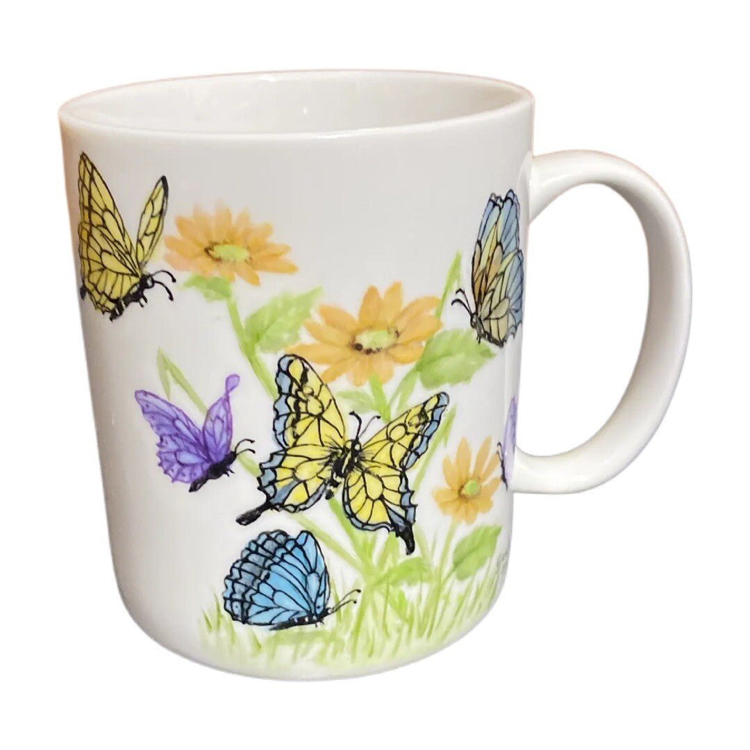 Butterflies Flowers Coffee Mug Hand Painted By Florence Gerber Porcelain Tea Cup