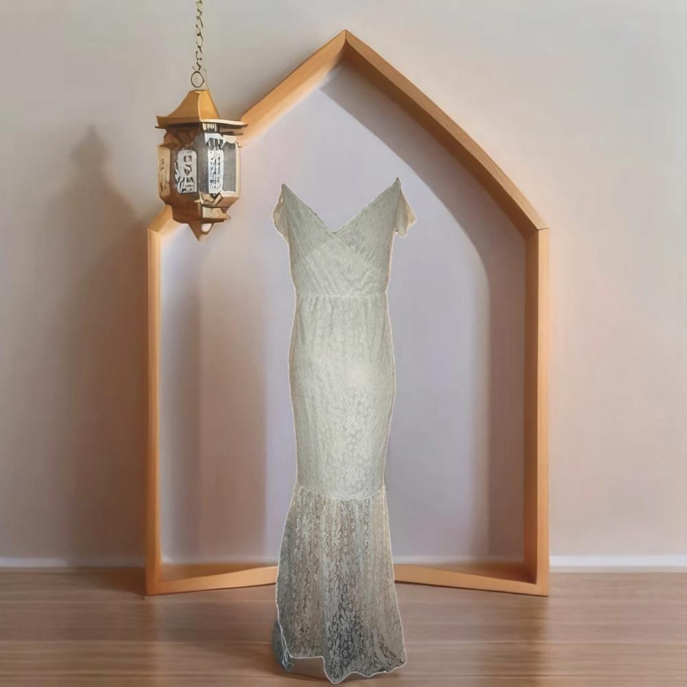 Lace Maxi Dress Maternity Bridal Mermaid V-Neck Cap Sleeves Woman 