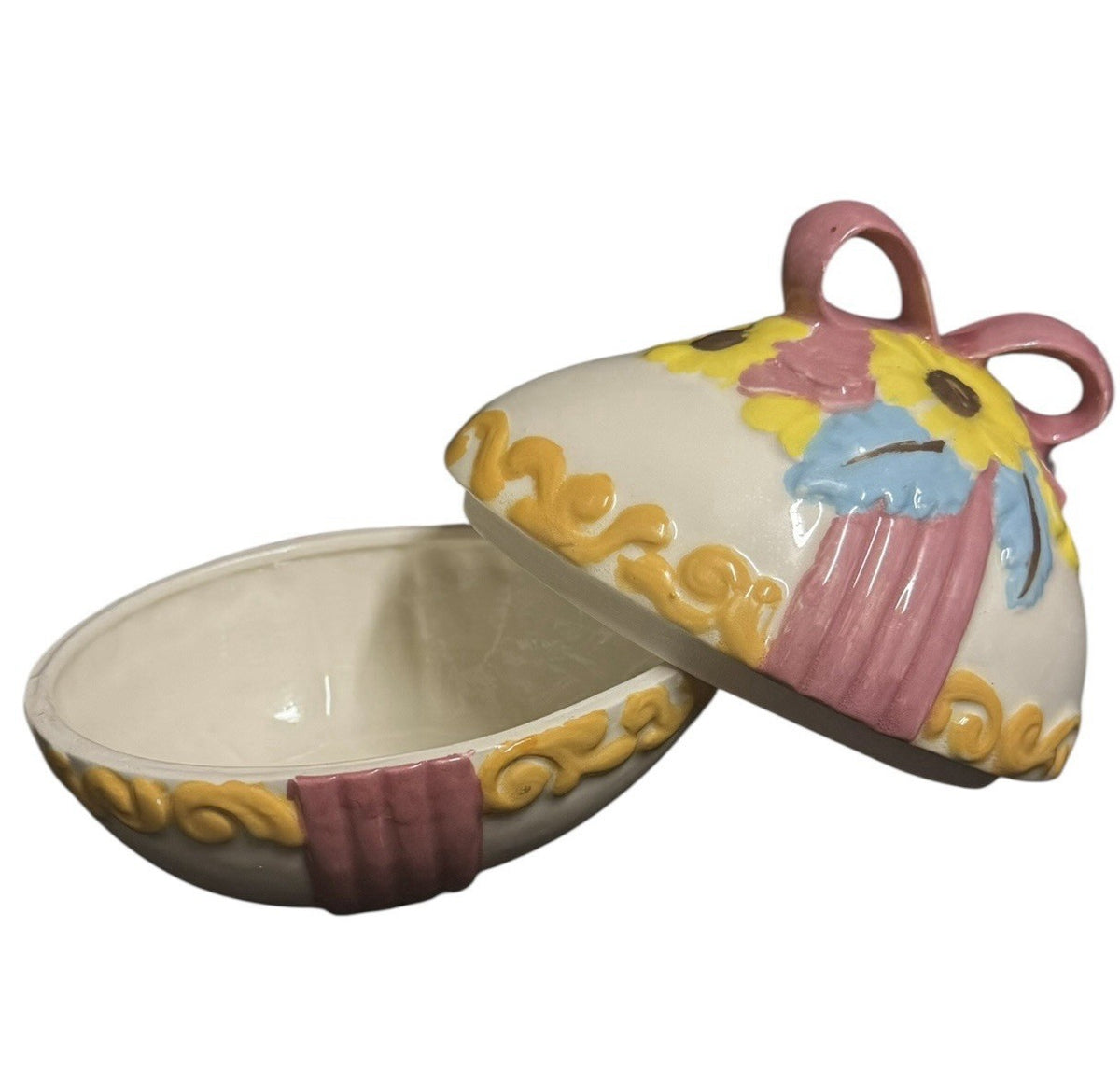 Vintage Ceramic Easter Egg Candy Dish Lidded Trinket Box Hand Painted Floral