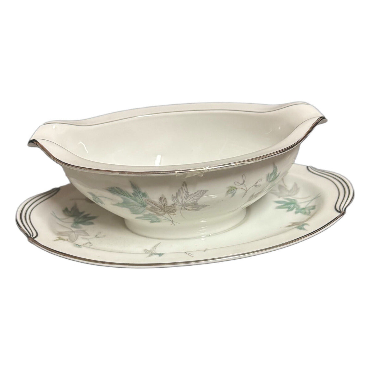 Noritake Greenwood Gravy Boat Condiment Dish Leaves Silver Trim Japan 5769