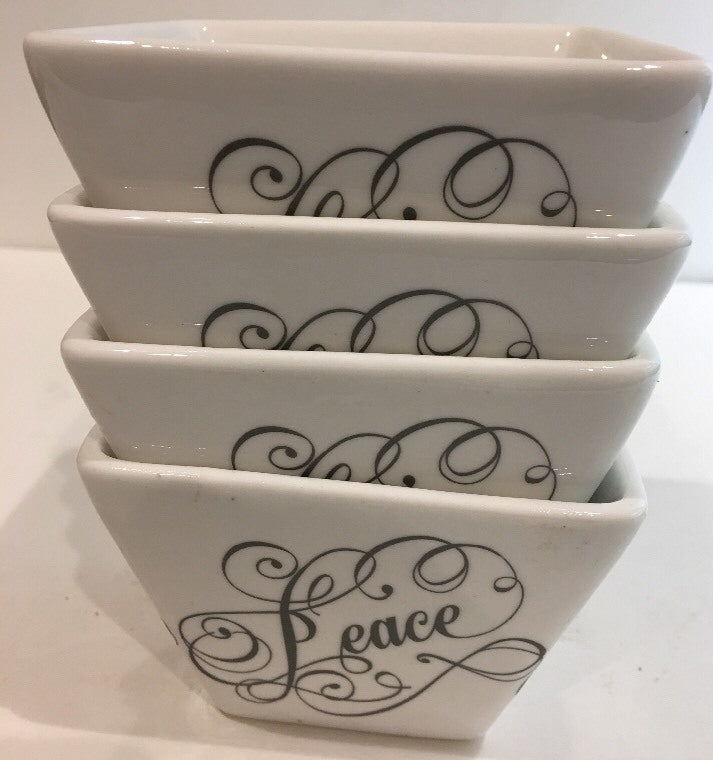 Ciroa Simple Serve Set 4 Square White Porcelain Bowls Black Design Pattern PEACE