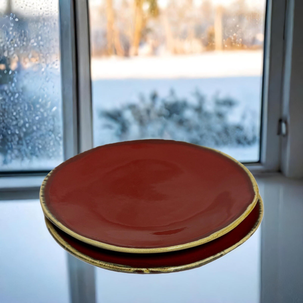 MAIOLICHE JESSICA 2-Salad Plates Italy Red Ceramic Dessert Dish Cream Trim